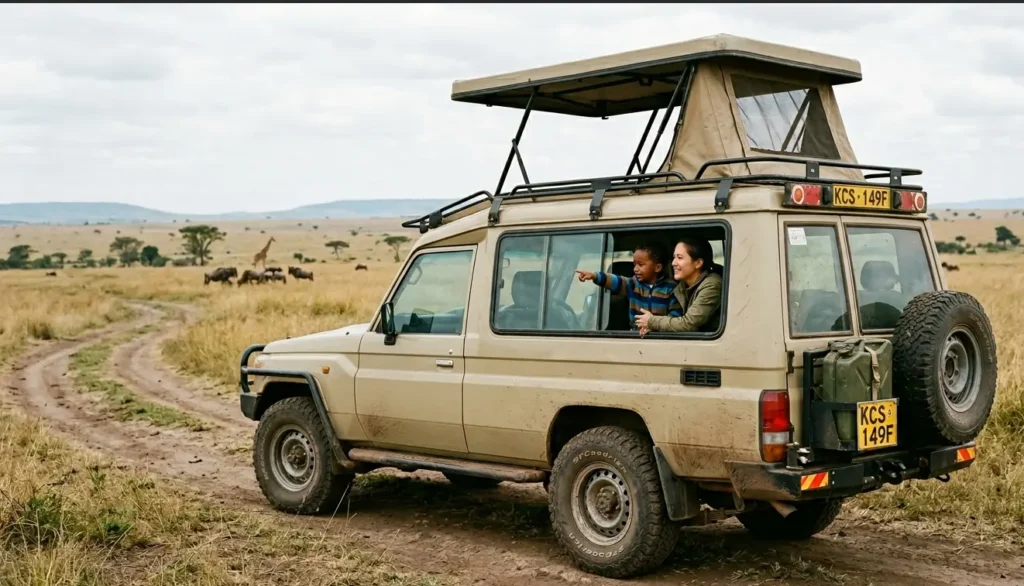 Masai Mara Safari for Families 2026: Age Rules, Child Safety and What Kids Actually See 2 Enclosed custom safari vehicle with a pop up roof on a family bush drive.