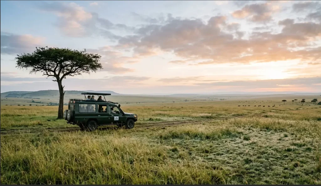 A wide-angle view of the Masai Mara savanna at sunrise with a safari vehicle in the distance.