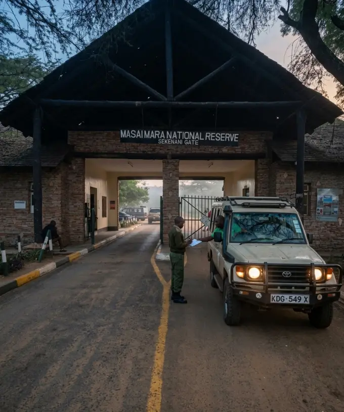 Safari vehicle arriving at the Masai Mara entry gate at dawn to maximize the permit window