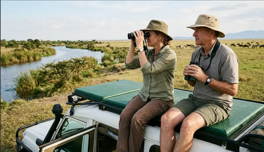 Safari travelers observing wildlife from a custom 4x4 land cruiser in the Mara.