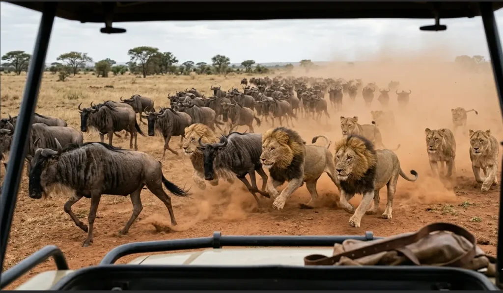 Pride of lions hunting alongside traveling wildebeest herds across the open savannah ecosystem.
