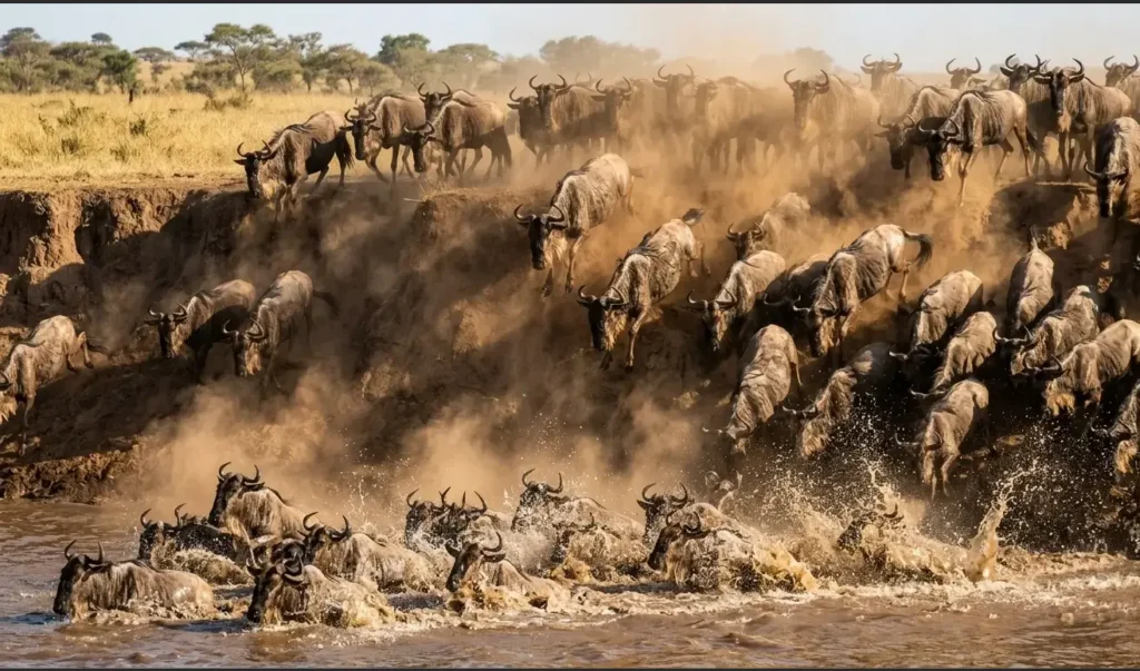 Wildebeest migration herd crossing the muddy waters of the Mara River during high season