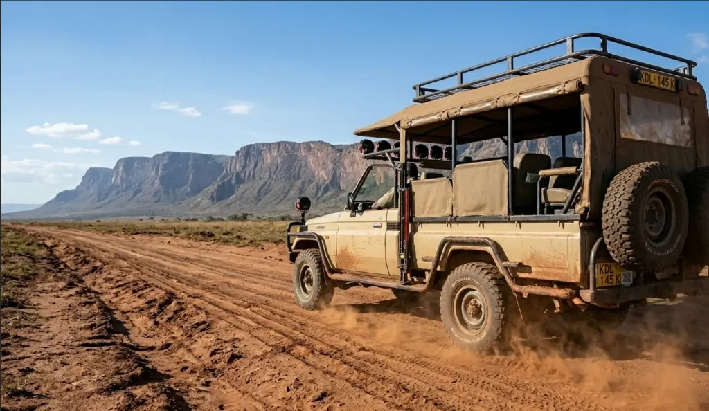 Custom four-by-four safari land cruiser traveling on a dusty overland road to the reserve gates.