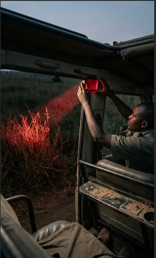 Professional safari guide adjusting a red filtered tracking light from a vehicle.
