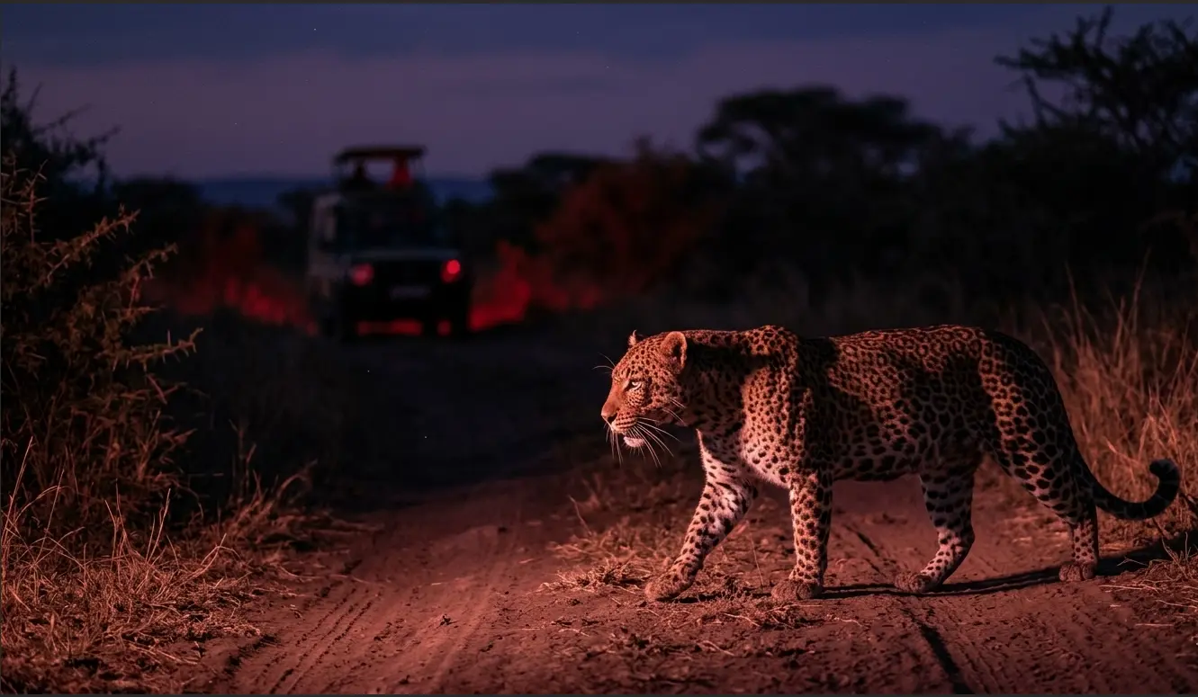 Night game drive Masai Mara with a leopard walking on dirt tracks under red spotlight.