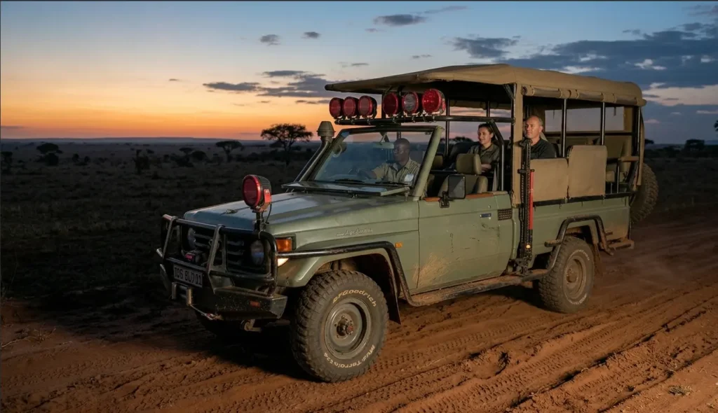 Open safari vehicle departing for a night safari Kenya experience at sunset.