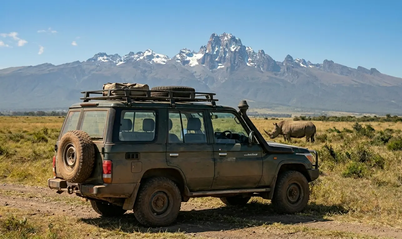 Private 4x4 Land Cruiser on a luxury safari with Mount Kenya in the background.