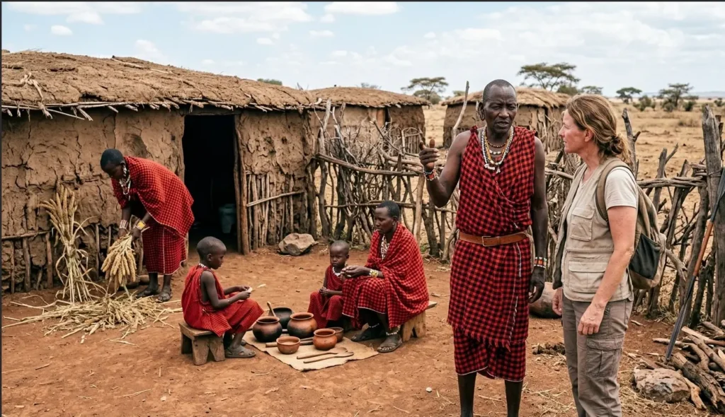 Traditional Maasai community village visit inside the outer conservancy boundaries