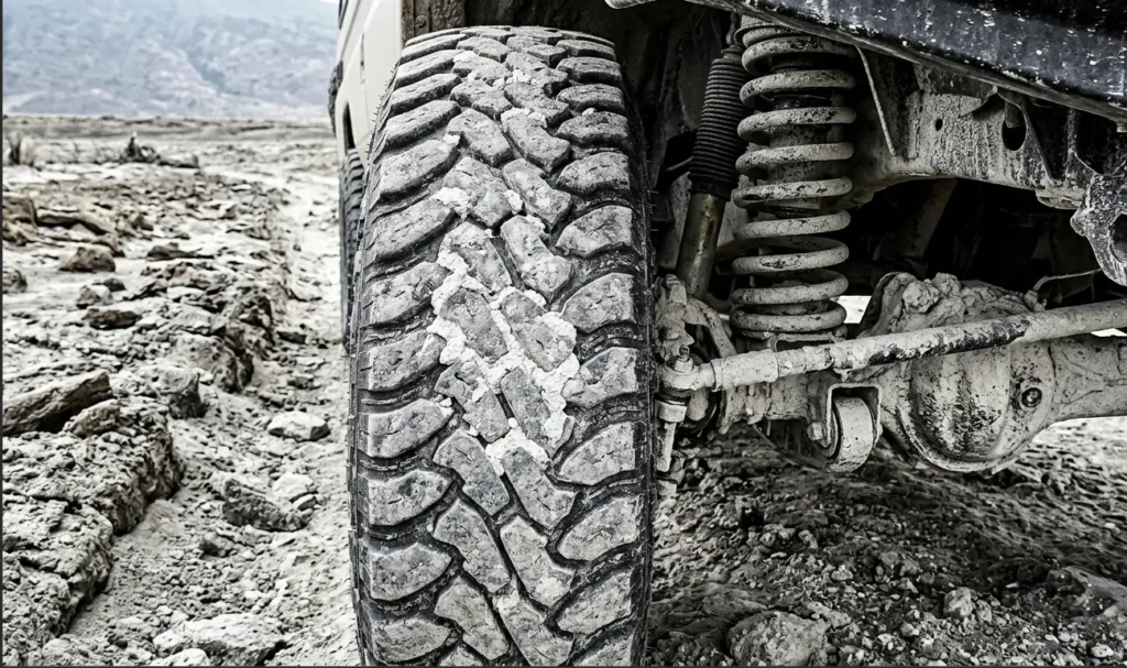 5-Day Kenya Safari 2026: Rhinos, Flamingos & No Crowds 5 Heavy-duty safari vehicle tires coated in alkaline dust from the rugged Lake Bogoria tracks.