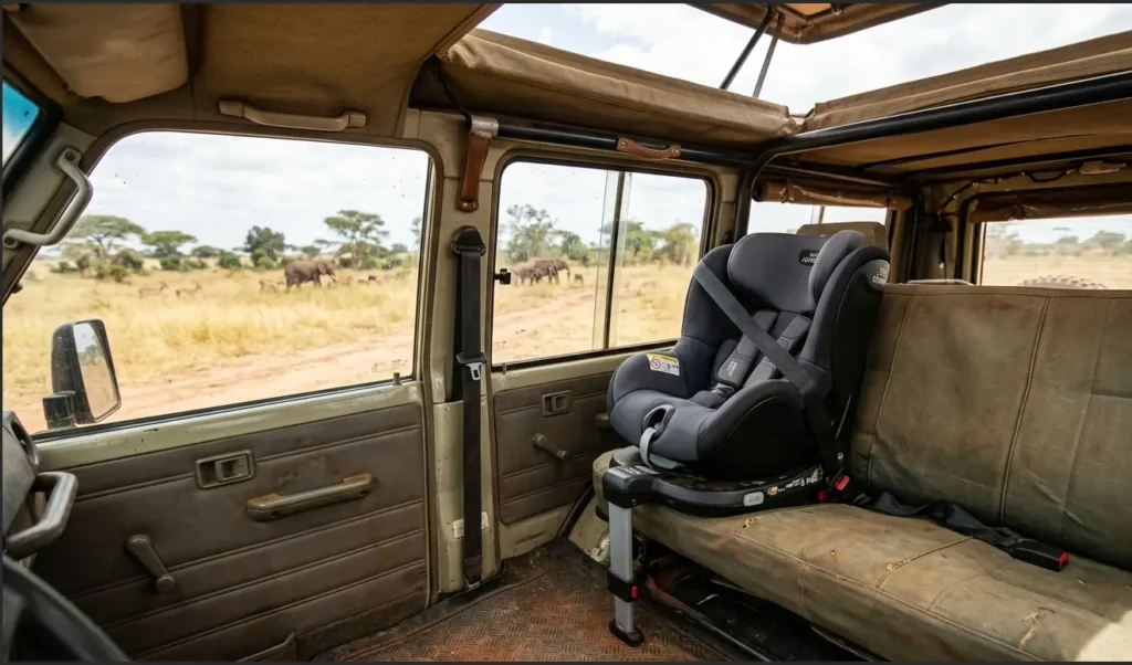 Masai Mara Safari for Families 2026: Age Rules, Child Safety and What Kids Actually See 4 Secure child safety car seat installed inside a custom safari vehicle.