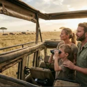 Enclosed custom safari vehicle with a pop up roof on a family bush drive.