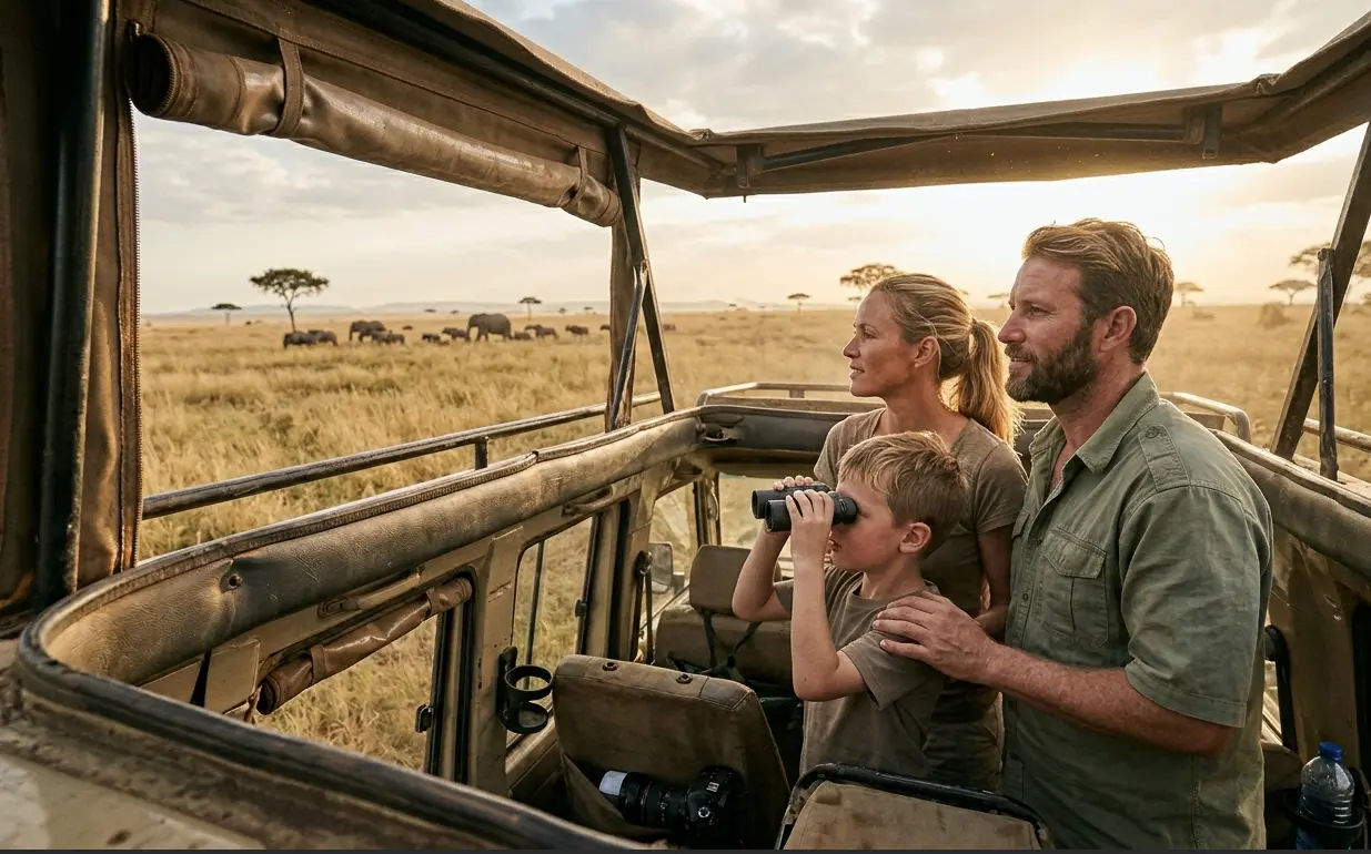 Enclosed custom safari vehicle with a pop up roof on a family bush drive.