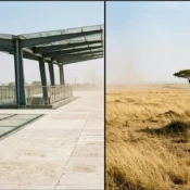 Concrete railway platform at Suswa station transitioning into the wild golden savannah plains of Kenya.