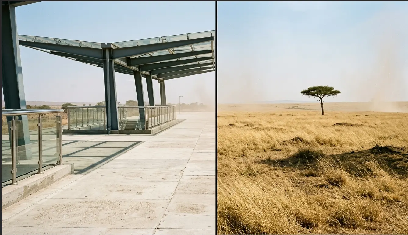 Concrete railway platform at Suswa station transitioning into the wild golden savannah plains of Kenya.