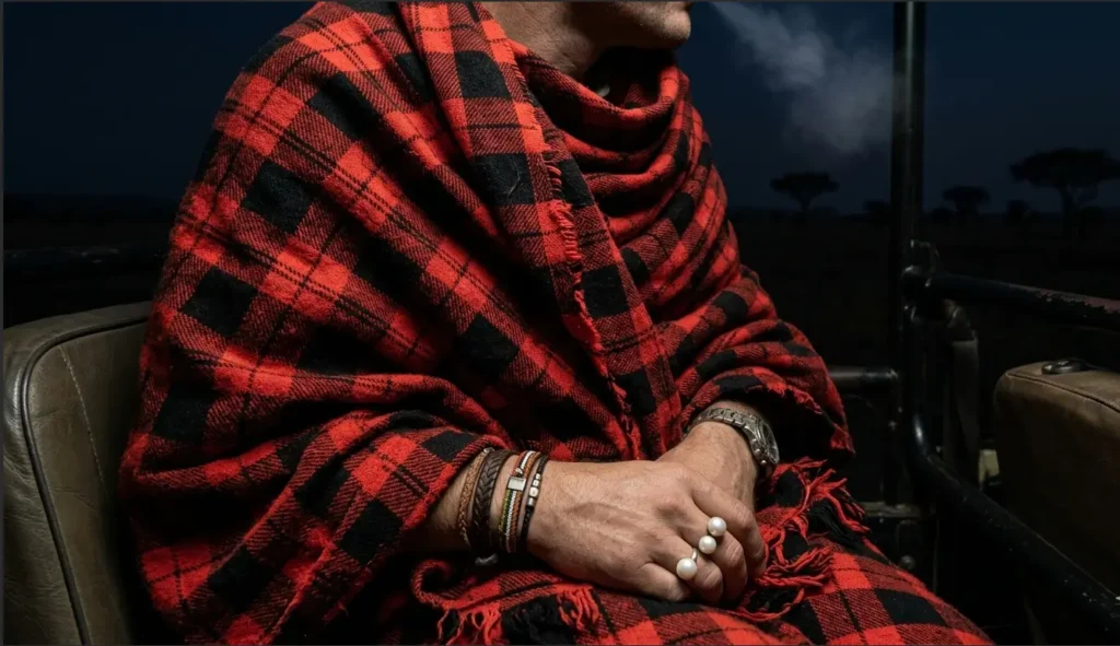 Traditional red and black patterned Masai Shuka blanket used for wind chill protection.