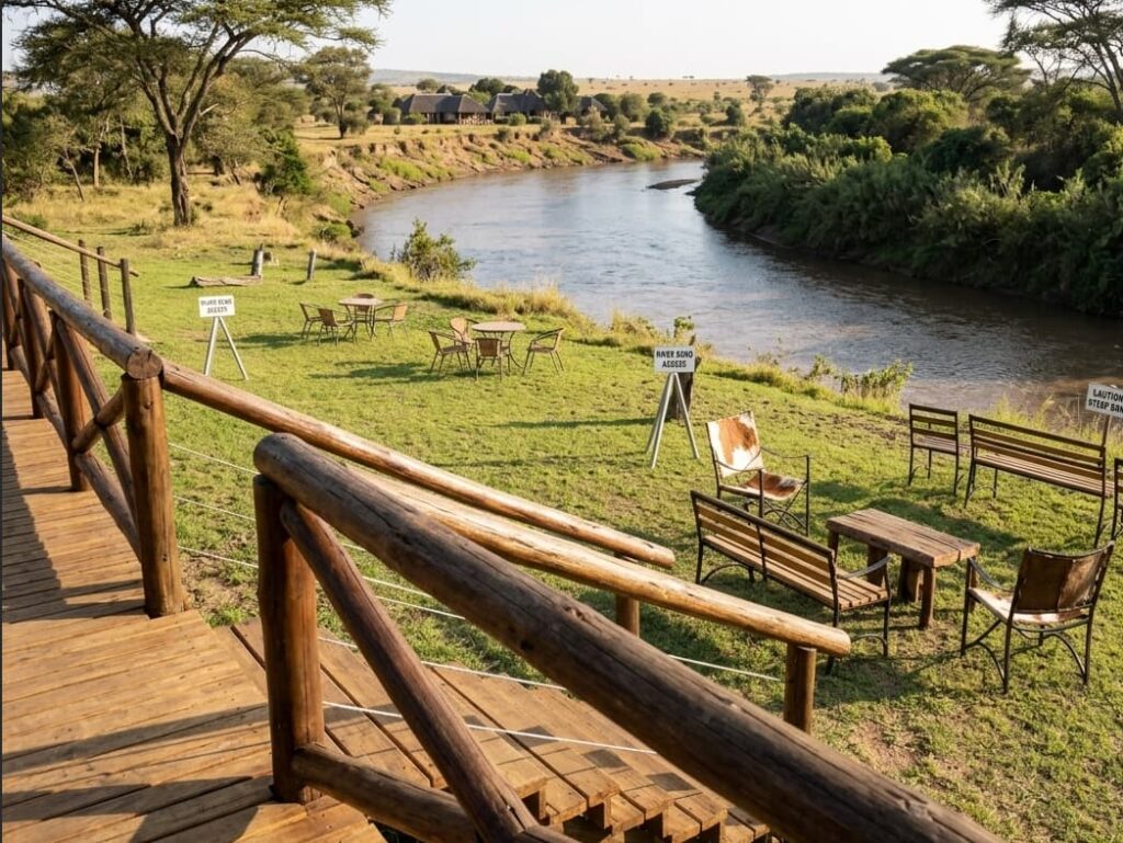 Grassy riverbank viewing lawn at Ashnil Mara Camp with wooden benches and tables overlooking the Mara River.