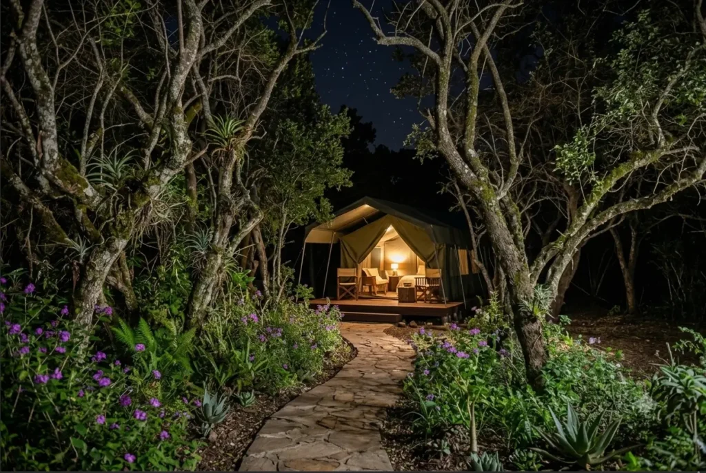 Best Budget Masai Mara Camps 2026: The Gate Proximity Guide 6 Illuminated stone walkway leading through a dense woodland forest canopy to safari tents at night