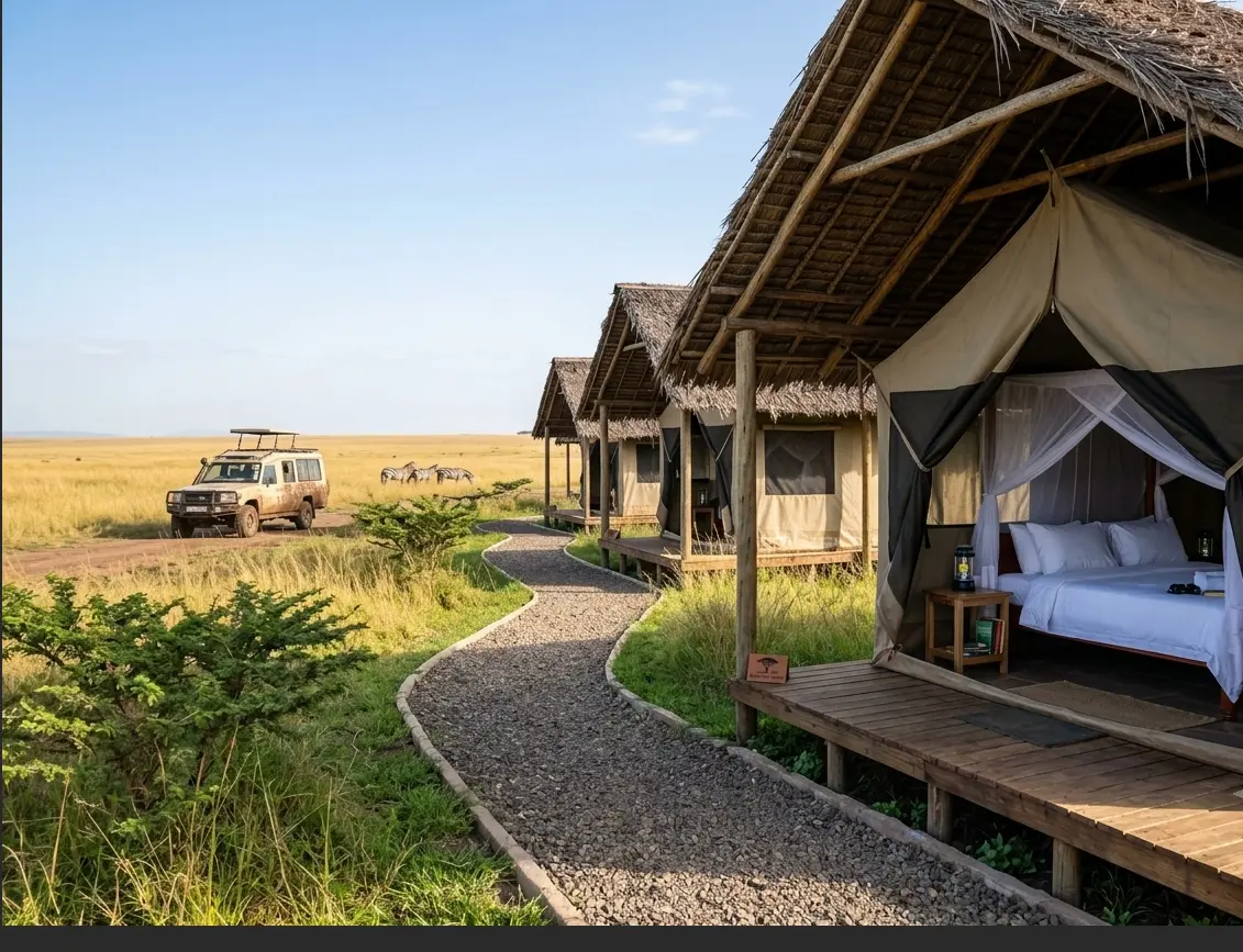Permanent safari canvas tents with thatched roofs overlooking the savanna plains at the best budget masai mara camps
