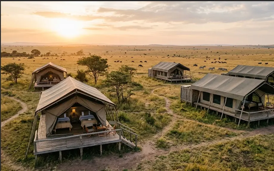Authentic view of elevated mid-range safari tents at a camp located deep inside the Masai Mara reserve, overlooking the golden savanna with distant wildlife.