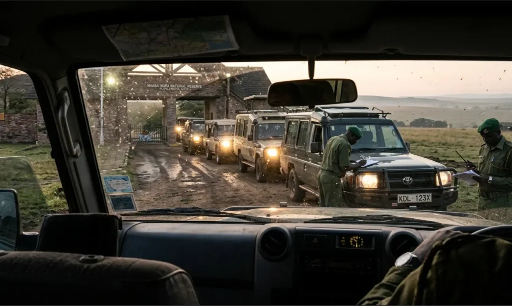 Best Budget Masai Mara Camps 2026: The Gate Proximity Guide 2 Vehicles queuing at the park gate entry checkpoint from budget camps in masai mara