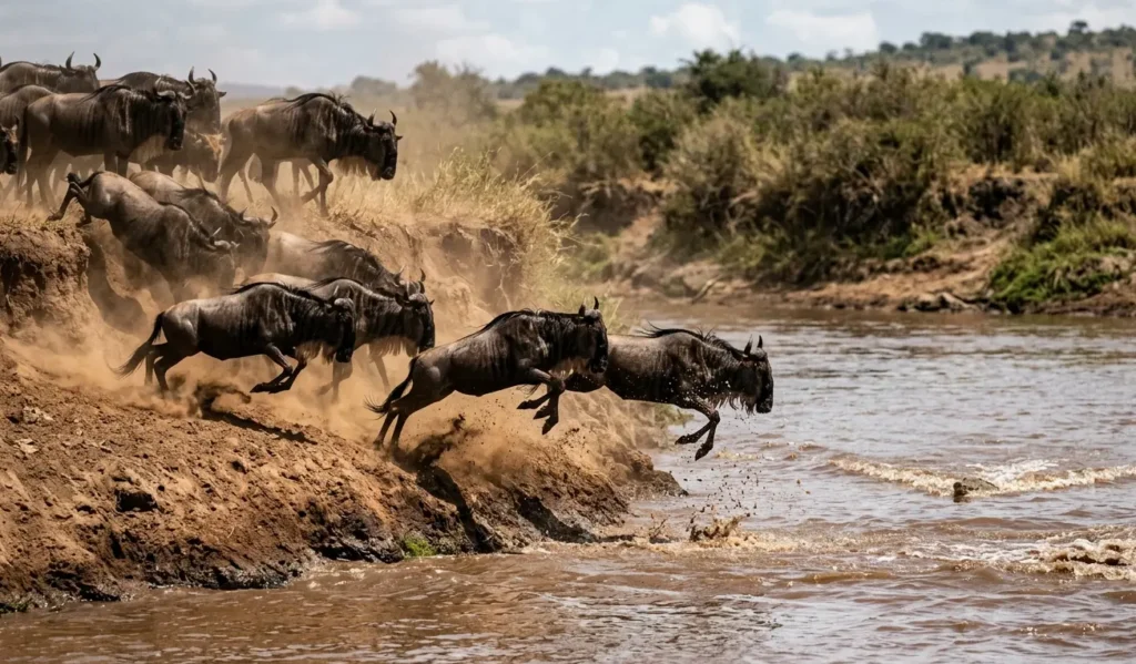 Masai Mara Honeymoon Safari 2026: Beyond the Rose Petals 6 A dramatic Great Migration wildebeest river crossing at the Mara River during the high season