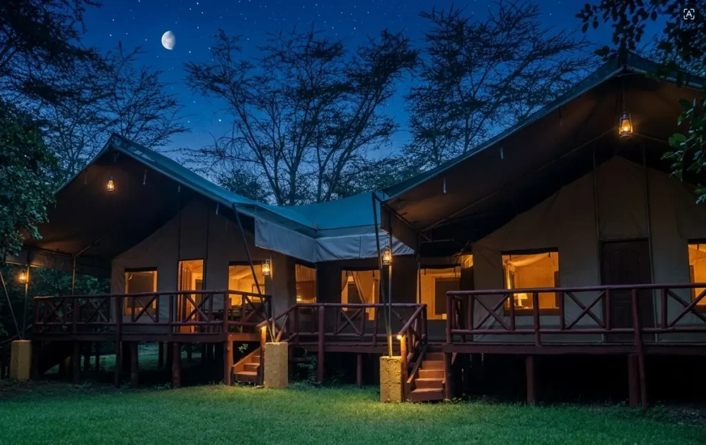 Nighttime view of large safari tents on raised wooden decks lit by lanterns under a starry sky at Mara Leisure Camp.