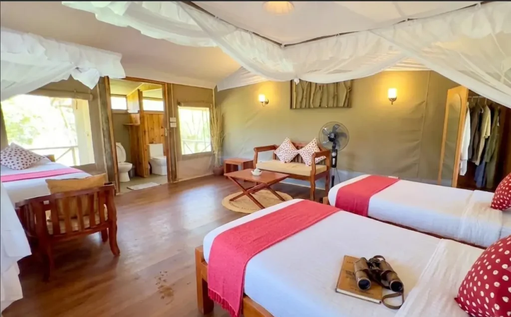 Interior view of a spacious triple safari tent at Mara Osero Sopia River Camp with wooden floors, mosquito nets, and an open en-suite bathroom.