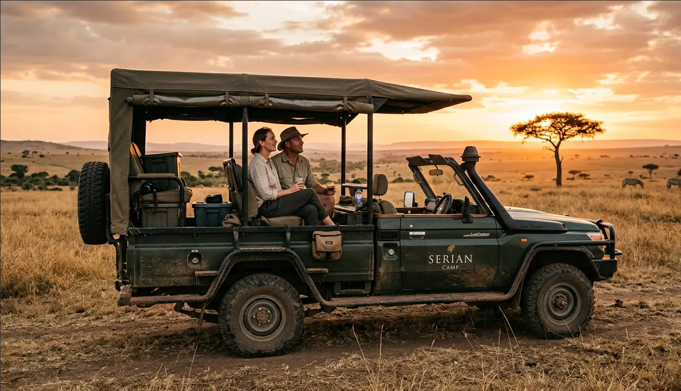 An open-sided luxury safari vehicle parked on the golden plains during a Masai Mara honeymoon safari