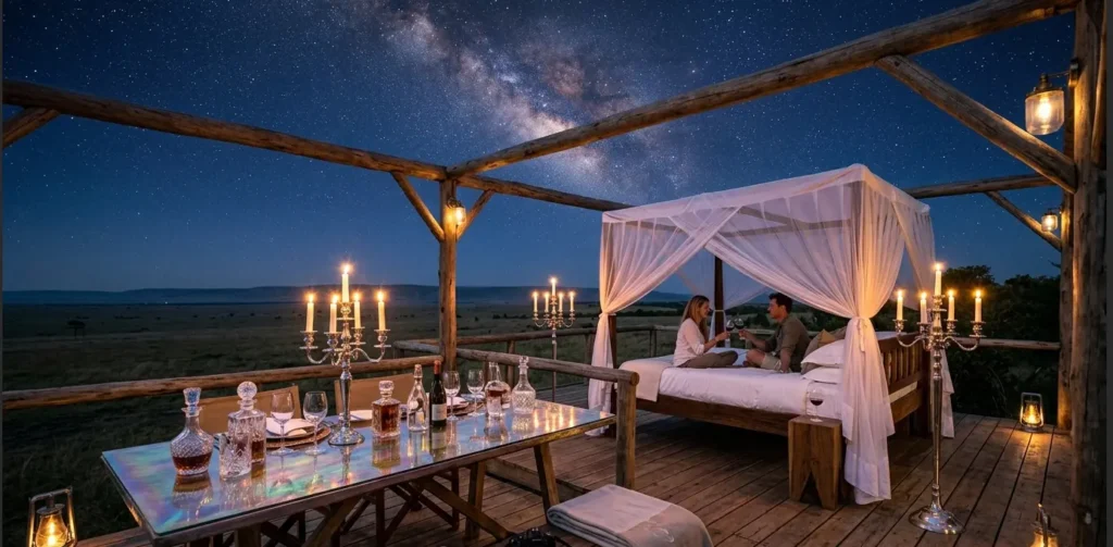 Masai Mara Honeymoon Safari 2026: Beyond the Rose Petals 2 A luxury open-air star bed platform under the stars inside a private conservancy during a Kenya safari honeymoon package