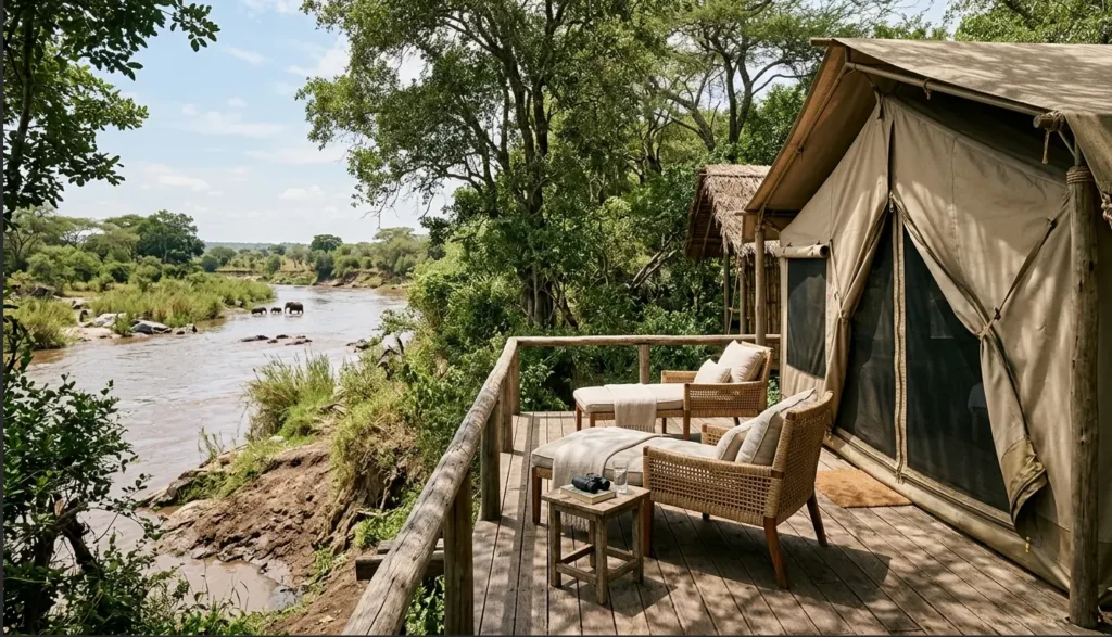 Masai Mara Honeymoon Safari 2026: Beyond the Rose Petals 4 An unfenced luxury canvas safari tent deck looking out over a riverbank corridor