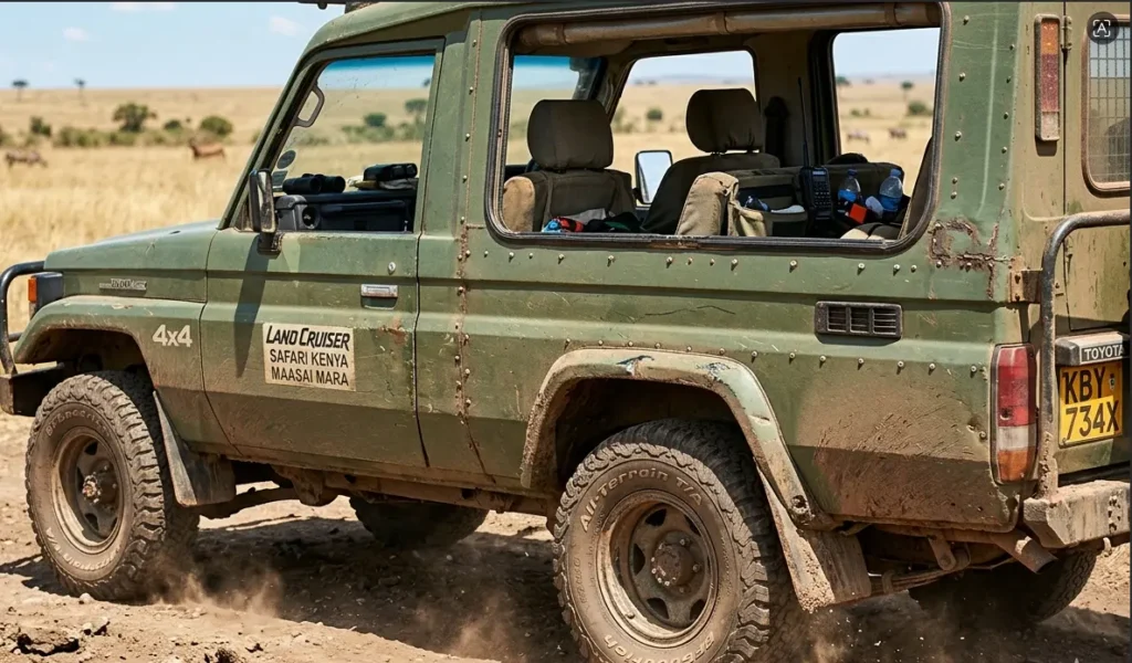 Masai Mara Honeymoon Safari 2026: Beyond the Rose Petals 3 A private 4x4 safari Land Cruiser driving on a dirt track through the savanna plains
