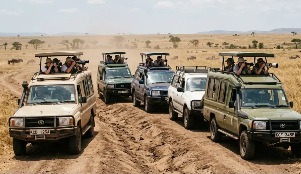 Masai Mara Honeymoon Safari 2026: Beyond the Rose Petals 5 Multiple safari vehicles gathered along a public track during peak migration season in the National Reserve