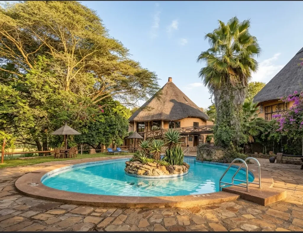 Circular outdoor swimming pool with a central rocky plant island at Masai Mara Sopa Lodge beneath large thatched resort buildings.