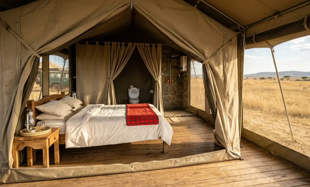 Wide-angle interior view of a mid-range en-suite tent with rustic wooden furniture and view of the savanna in the Masai Mara.