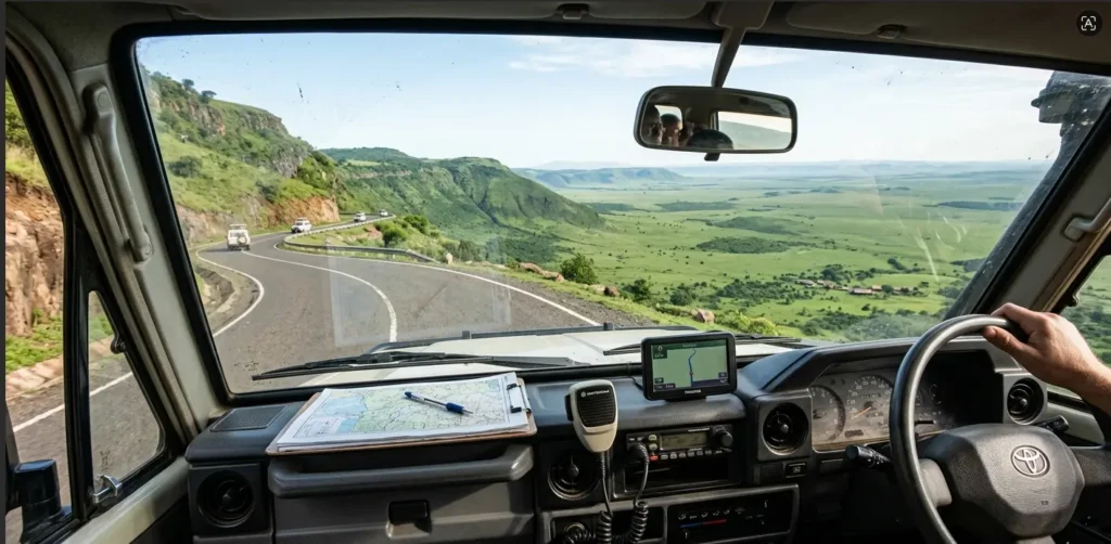 Masai Mara Honeymoon Safari 2026: Beyond the Rose Petals 8 The view through a safari vehicle windshield driving along the Great Rift Valley escarpment road toward the Masai Mara