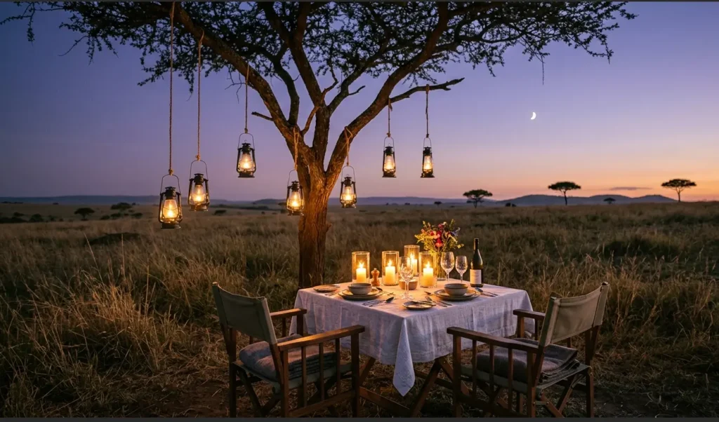 Masai Mara Honeymoon Safari 2026: Beyond the Rose Petals 7 A private candlelit bush dinner table set up under an acacia tree at twilight on the open plains